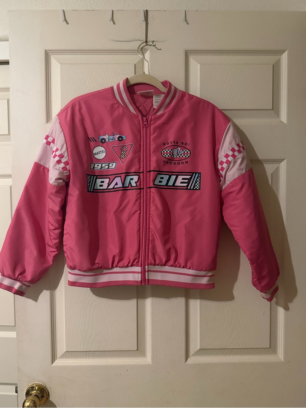 Barbie Pink Racing Bomber Jacket with Checker Sleeve Panels